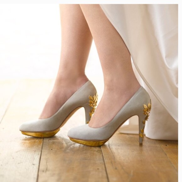 Harriet Wilde Bridal Bridgette Grey/Gold  Suede Platform Heels Size 6 - Picture 1 of 13